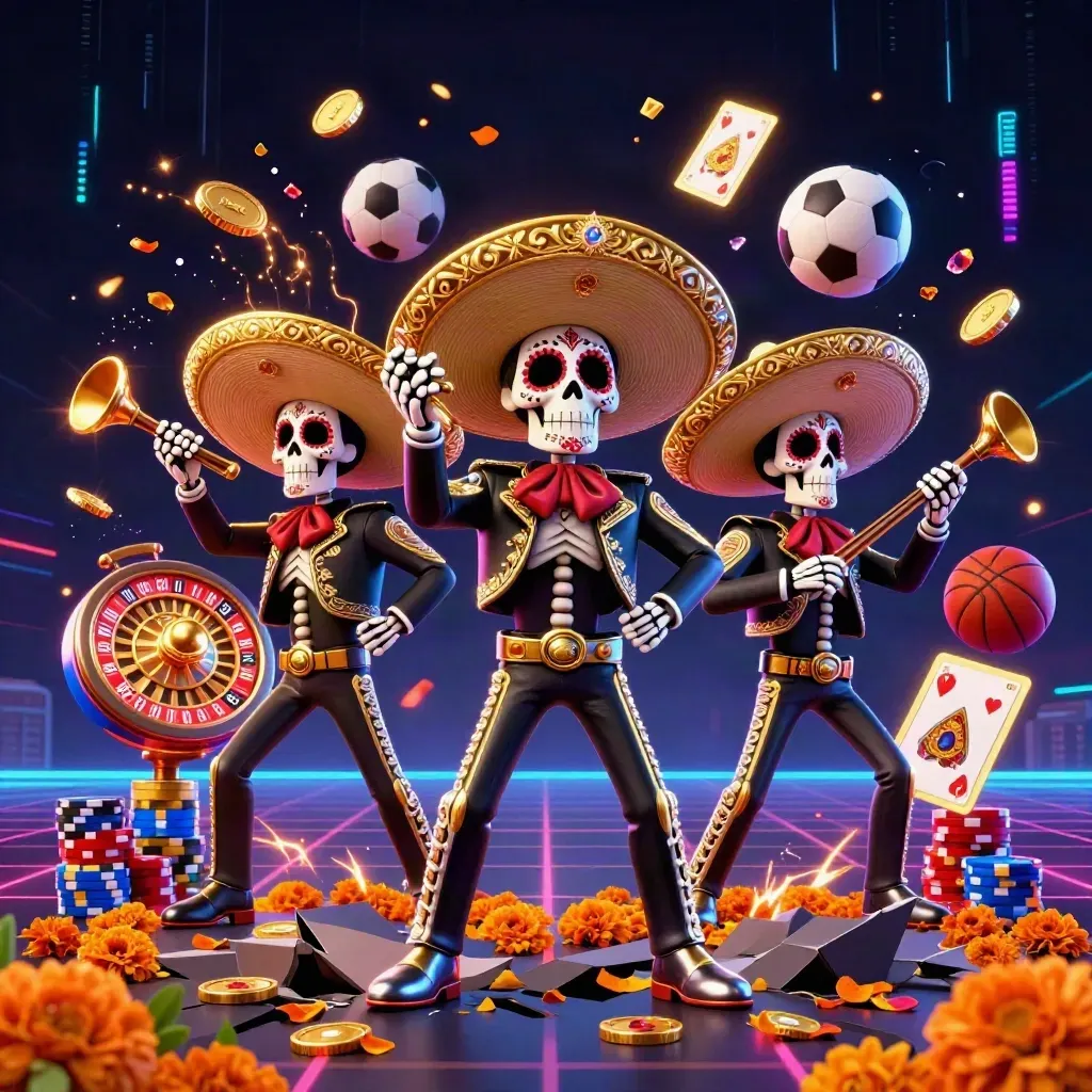 Skeleton mariachi trio amid flying coins, chips, cards, balls, and neon casino effects.