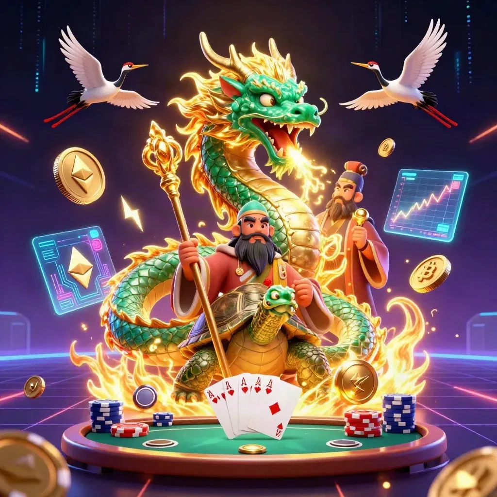 Emerald dragon, turtle sage, and cranes amid gold fire, crypto coins, poker props, and neon casino energy.