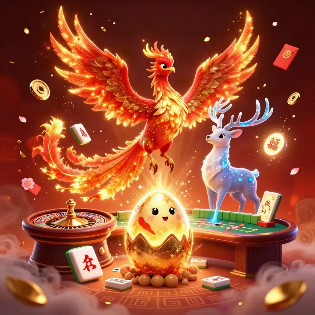Phoenix, stag, and baby phoenix amid casino lights, jade coins, lanterns, and ember glow.