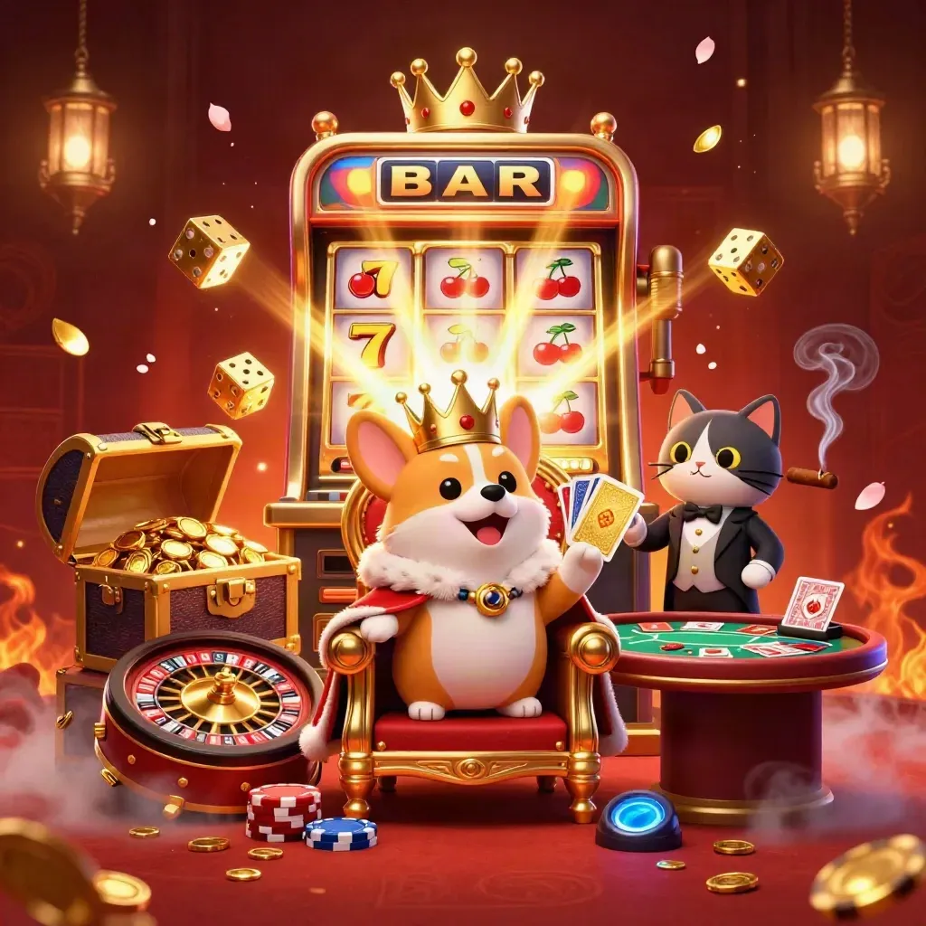Corgi king and cat butler amid casino treasure, slot burst, roulette, glowing lights
