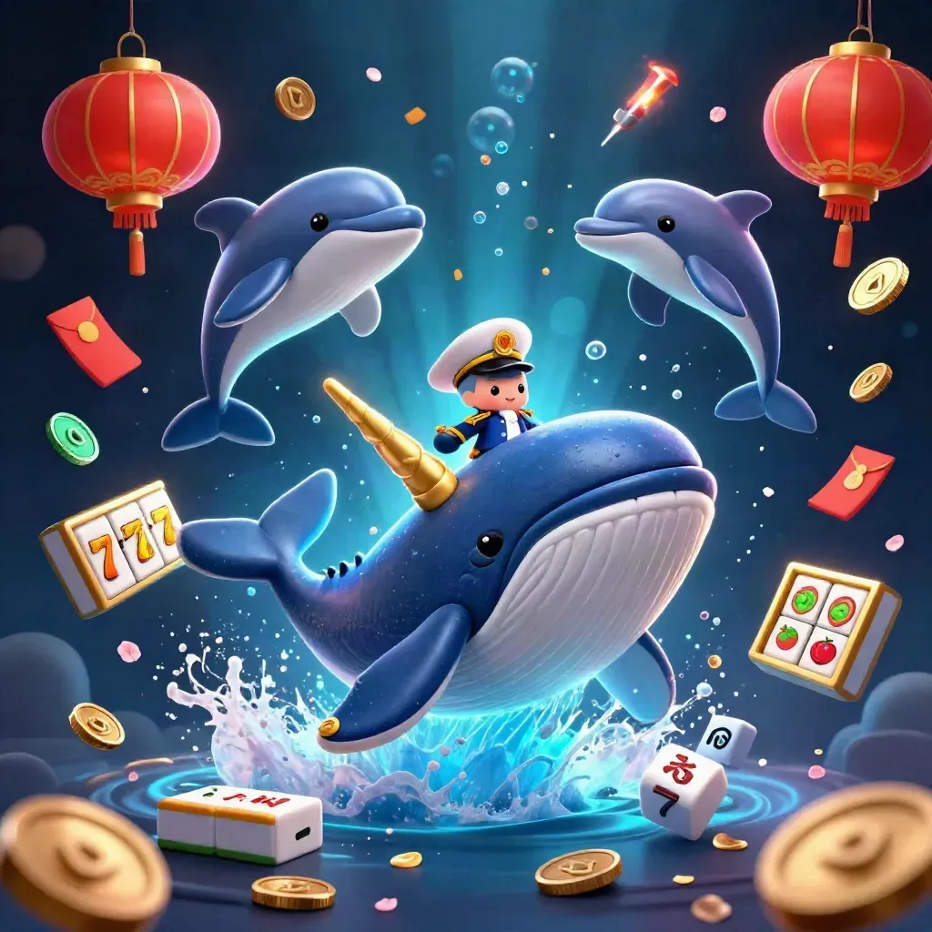 Whale captain, narwhal, and dolphins burst through coins with lanterns, tiles, and blue casino glow.
