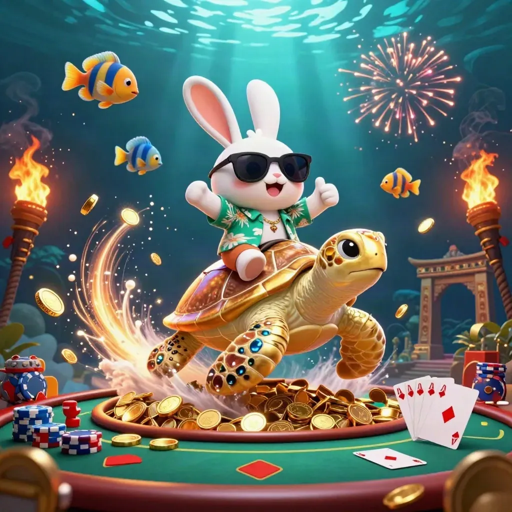 Lucky rabbit on golden sea turtle with coins, vault burst, poker chips, and temple gate