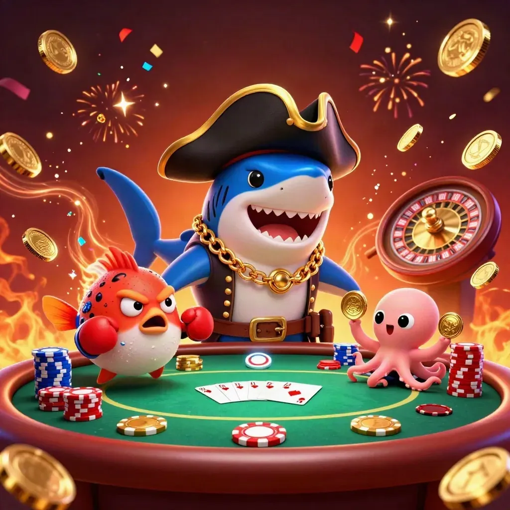 Pirate shark, boxing pufferfish, and coin-juggling octopus in a casino treasure burst.