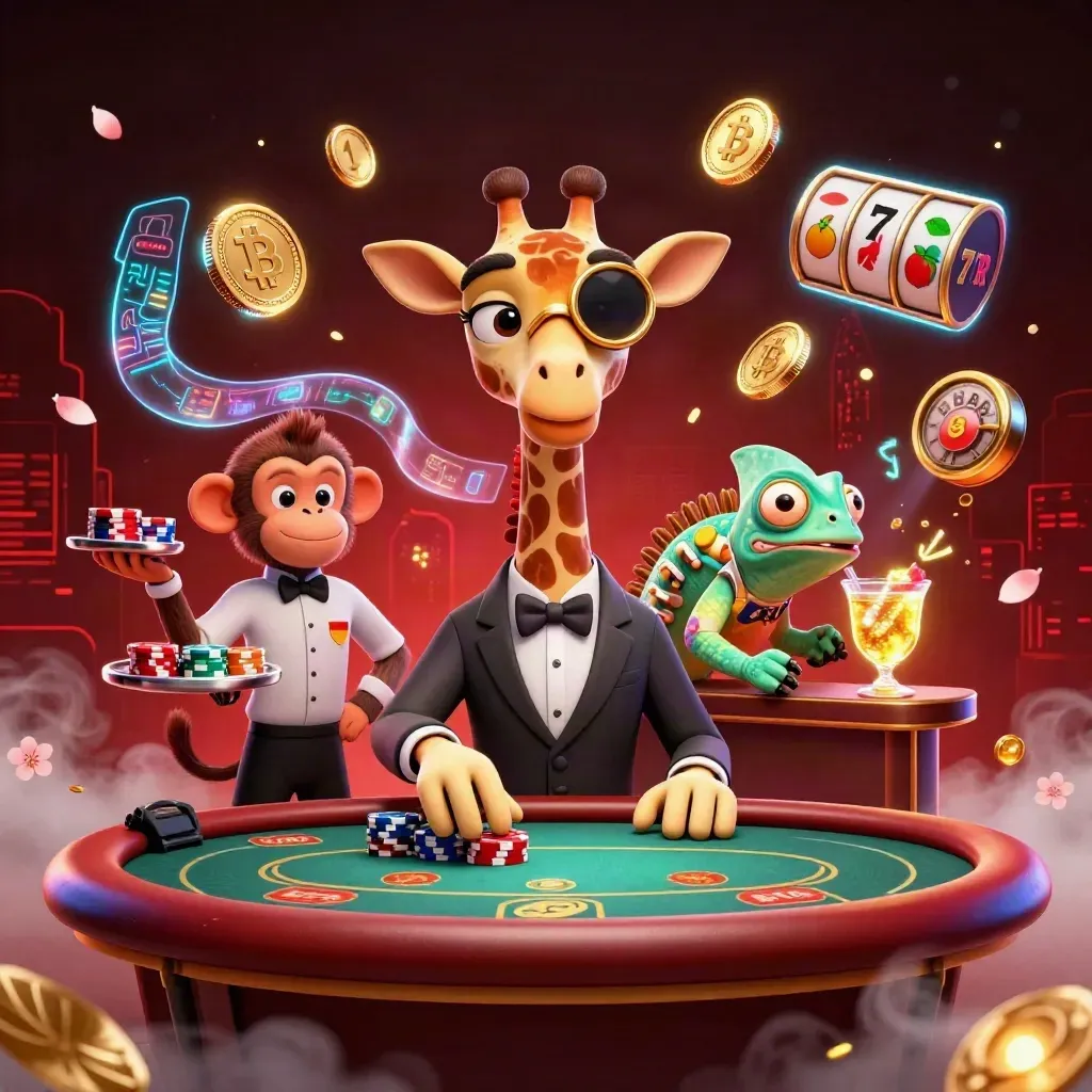 Giraffe, monkey valet, and chameleon bartender amid glowing casino coins and slot effects