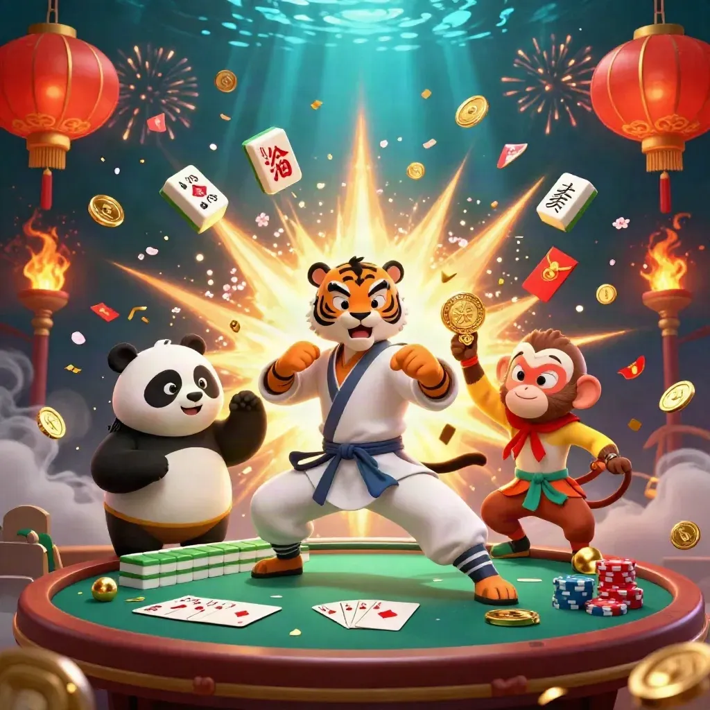 Kung-fu tiger, panda, and monkey burst through coins, lanterns, and poker chips in a neon casino scene.