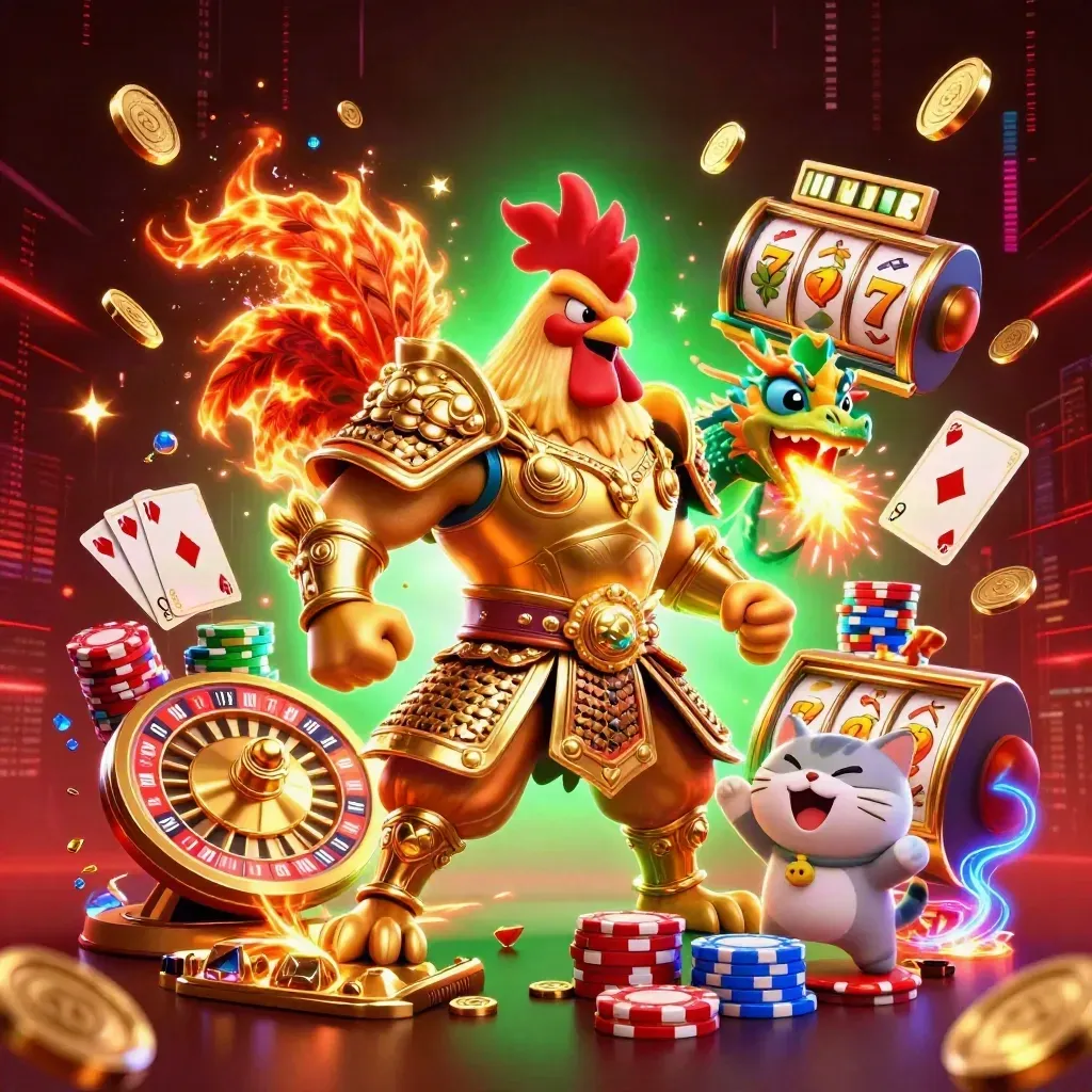 Rooster samurai, spark-breathing dragon hatchling, and fortune cat amid casino chips and glowing reels.